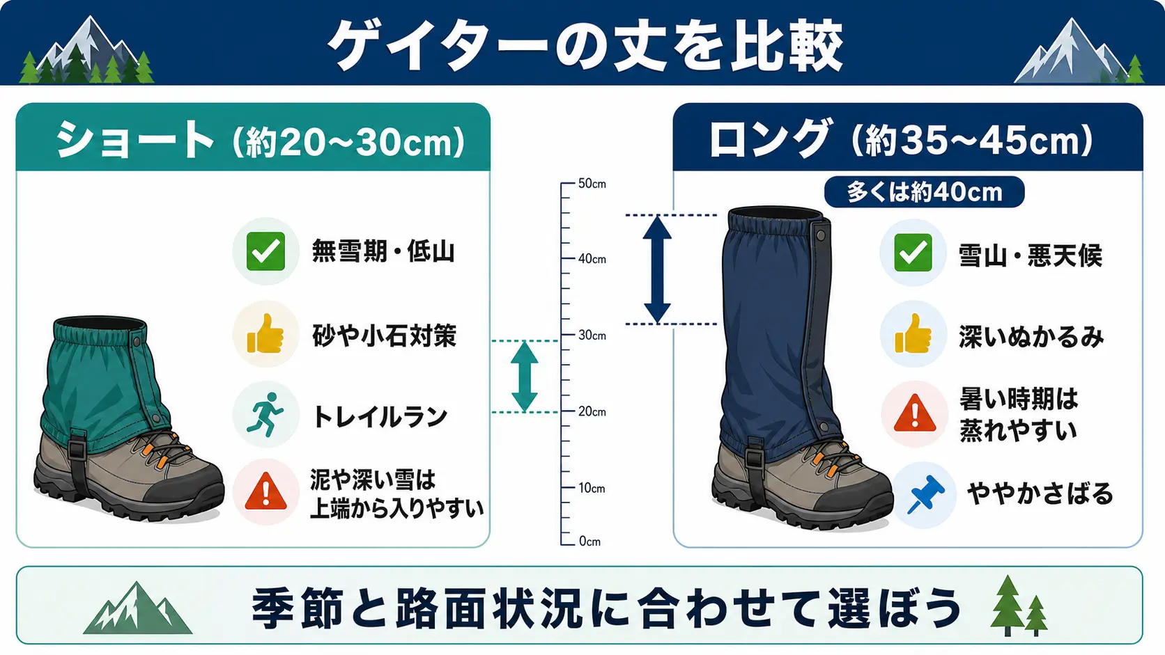 ロングとショートのゲイターを丈の長さ、主な用途、注意点で対比し、ロングは雪山や悪天候の深いぬかるみ向き、ショートは無雪期の低山や砂・小石対策向きであることを示した比較図