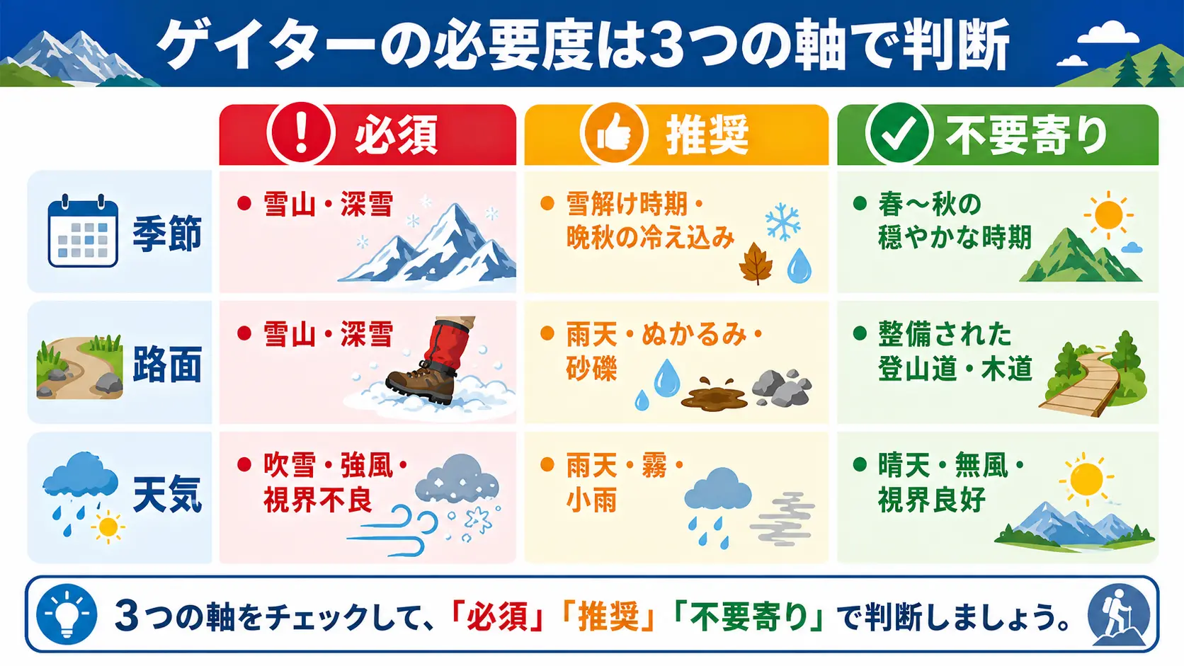 季節・路面・天気の3つの軸でゲイターの必要度を、雪山や深雪は必須、雨やぬかるみ・砂礫は推奨、整備された晴天の低山は不要寄りと3段階に整理したマトリクス図