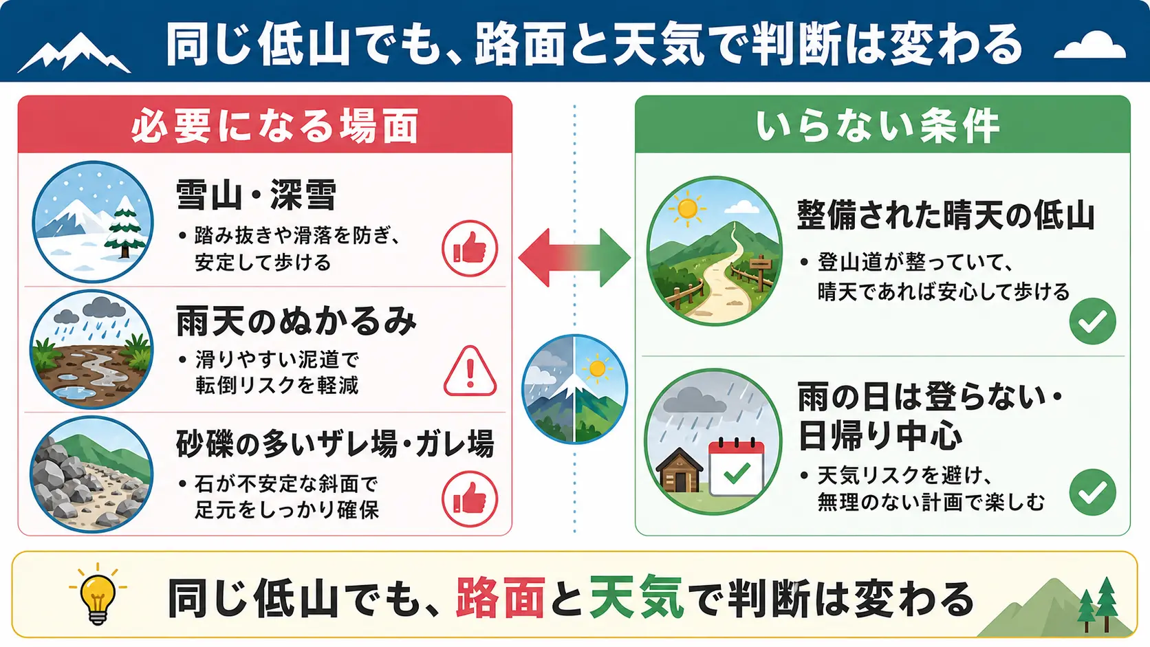 雪山や深雪、雨天のぬかるみ、砂礫の多いザレ場ではゲイターが必要になり、整備された登山道が続く晴天の低山日帰りでは不要になりやすいことを左右で対比した図