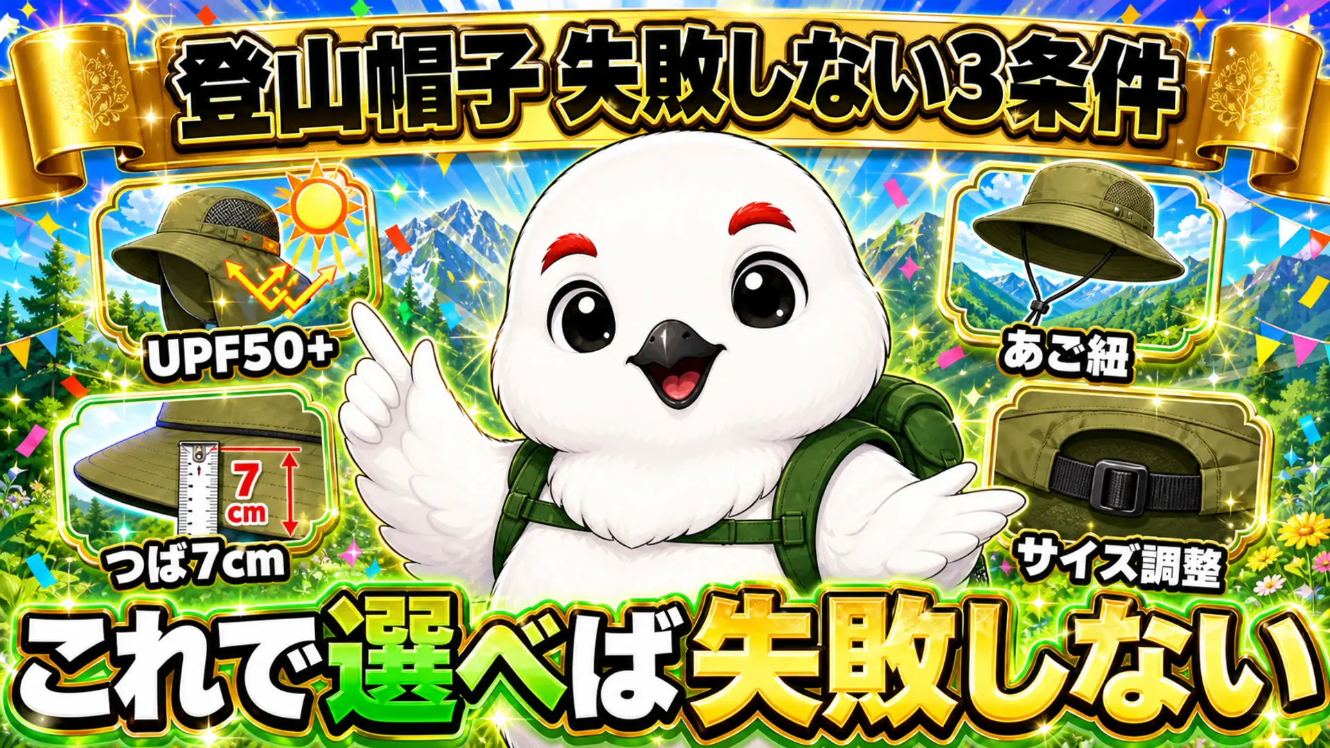 UPF50+・つば7cm・あご紐・サイズ調整という登山帽子選びの4条件を示したビジュアル