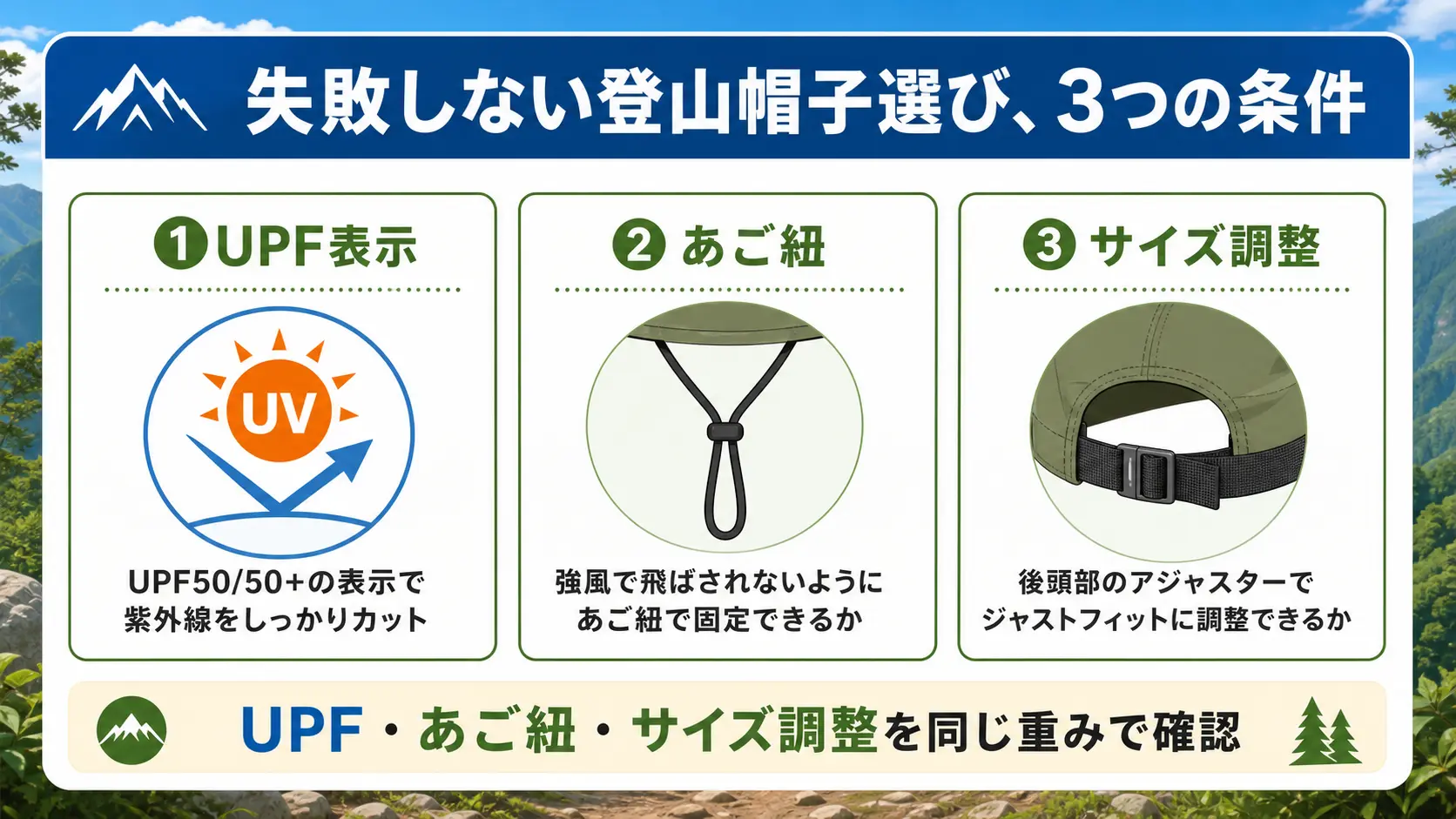 登山帽子選びで確認すべきUPF表示・あご紐・サイズ調整の3条件を示した図