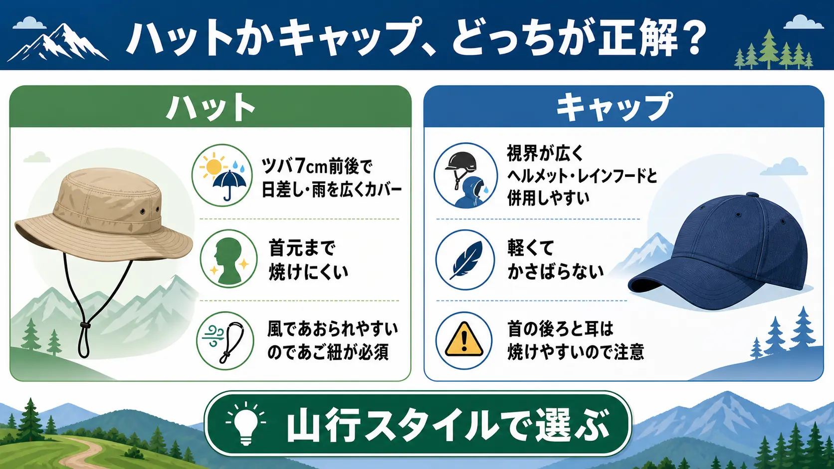 登山用のハットとキャップを日差し・雨への強さと視界・フード併用性で比較した図