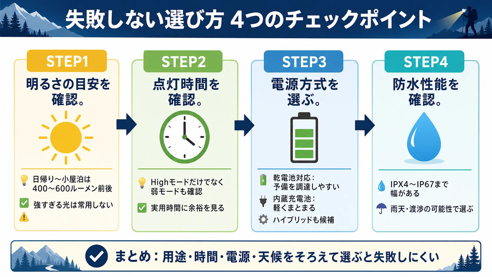 登山用ヘッドライトを選ぶときに確認する4つの手順、明るさの目安・点灯時間・電源方式・防水性能を示したフロー図