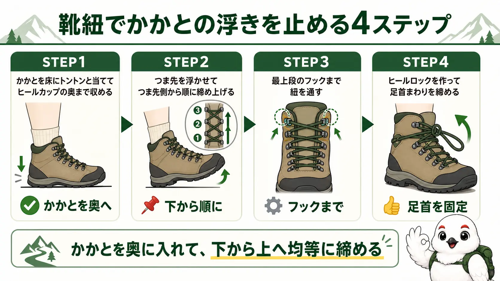 靴紐でかかとを固定するヒールロックの結び方を4つの手順で示した図。かかとを収める、締め上げる、最上段のフックに通す、ヒールロックを作るという流れ