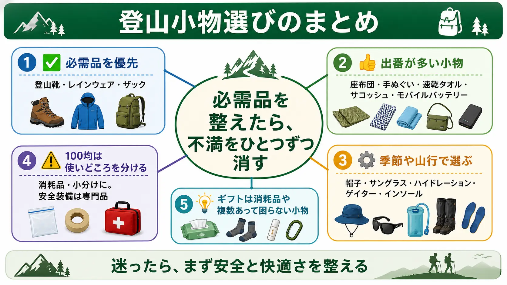 登山小物選びの結論と用途別・予算別のポイントを一枚に俯瞰した振り返り図