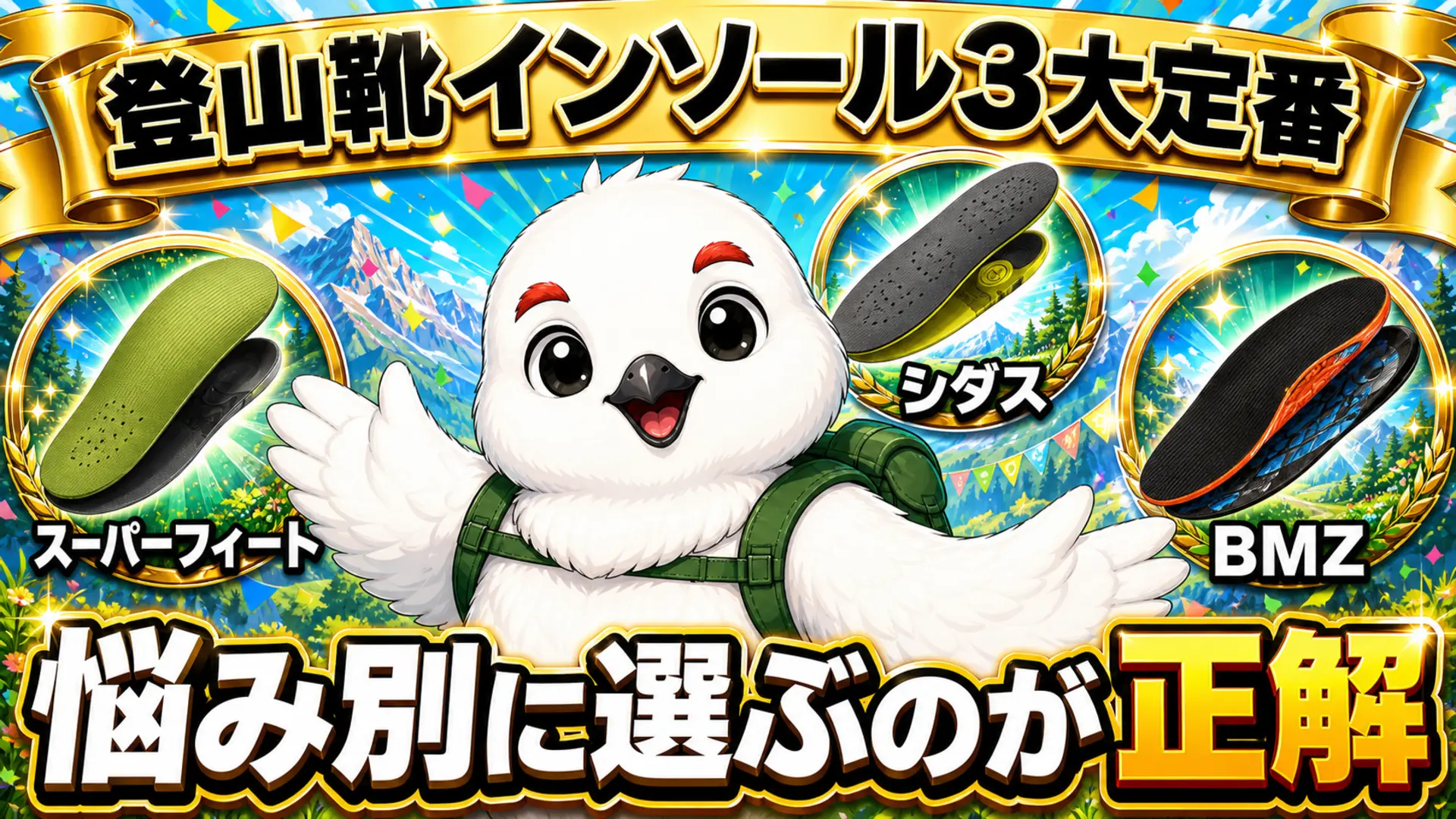 登山靴インソールの定番製品スーパーフィート・シダス・BMZを並べて比較するイメージ
