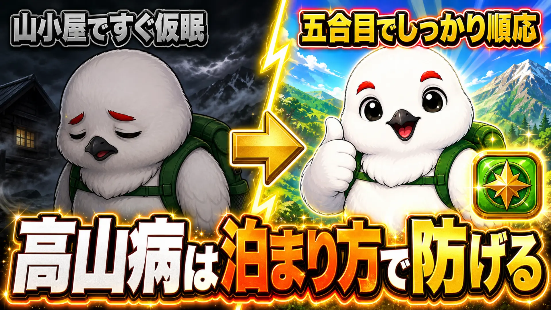 山小屋ですぐ仮眠して高山病になりかけた状態と五合目でしっかり順応した状態を対比したイラスト