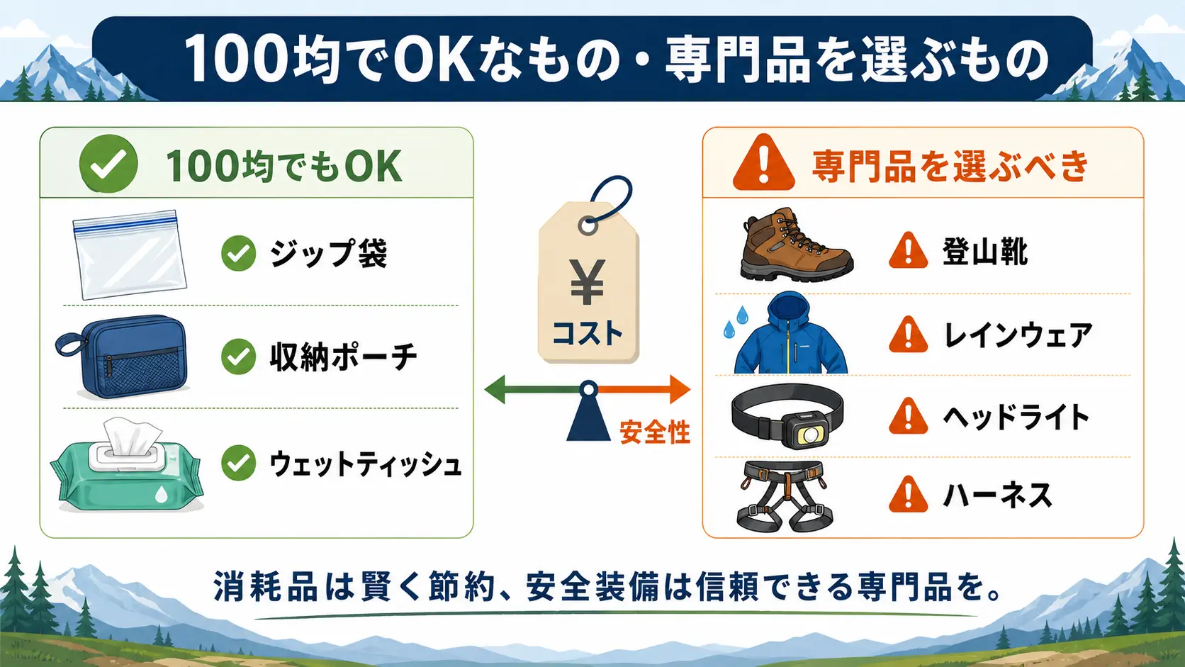 100均で代用してよい登山小物と、専門品を選ぶべき安全に関わる装備を左右に分けた比較図