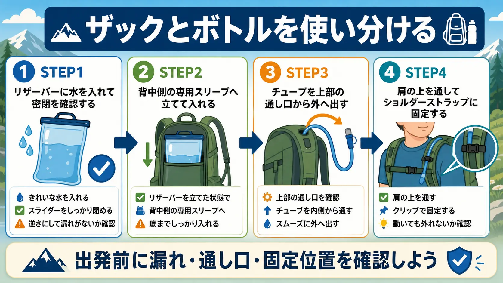 ハイドレーションをザックの専用スリーブにセットしてチューブを肩から通し飲み口を固定するまでの手順を示した図