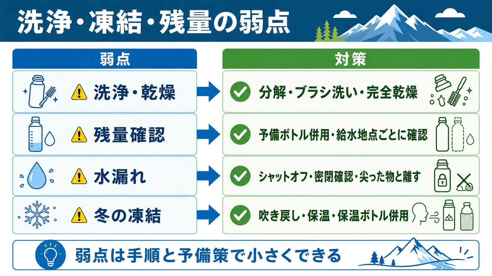 ハイドレーションの弱点である洗浄・残量確認・水漏れ・冬の凍結と、それぞれの対策を対応させて整理した図