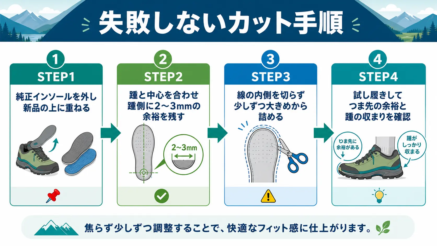 純正インソールを型紙にして少しずつつま先を切り、踵側に余裕を残しながら調整する4ステップの手順図