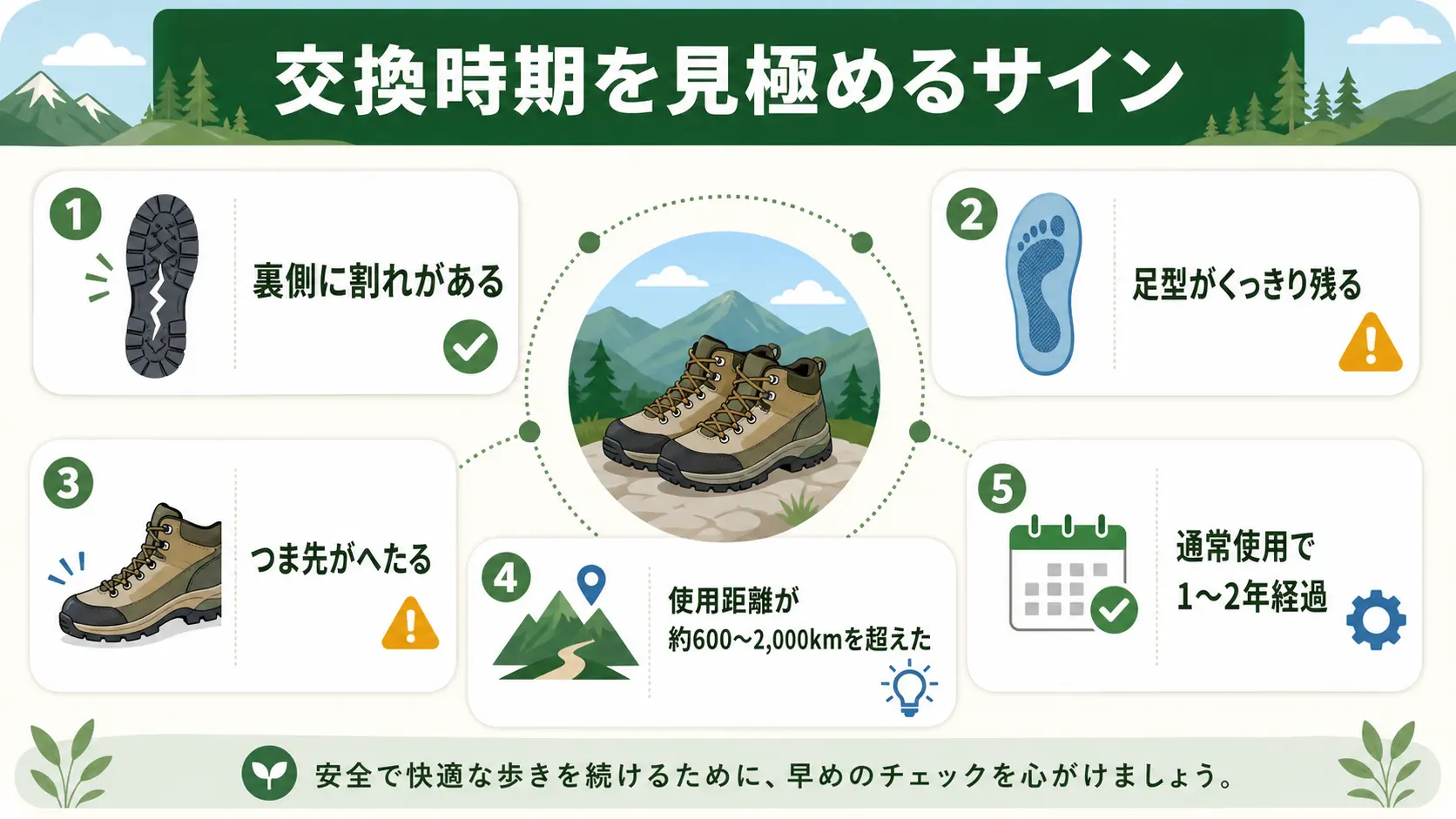 裏側の割れ、足型のくっきりした跡、つま先のへたりなど交換時期を見極める劣化サインを俯瞰したチェックリスト図