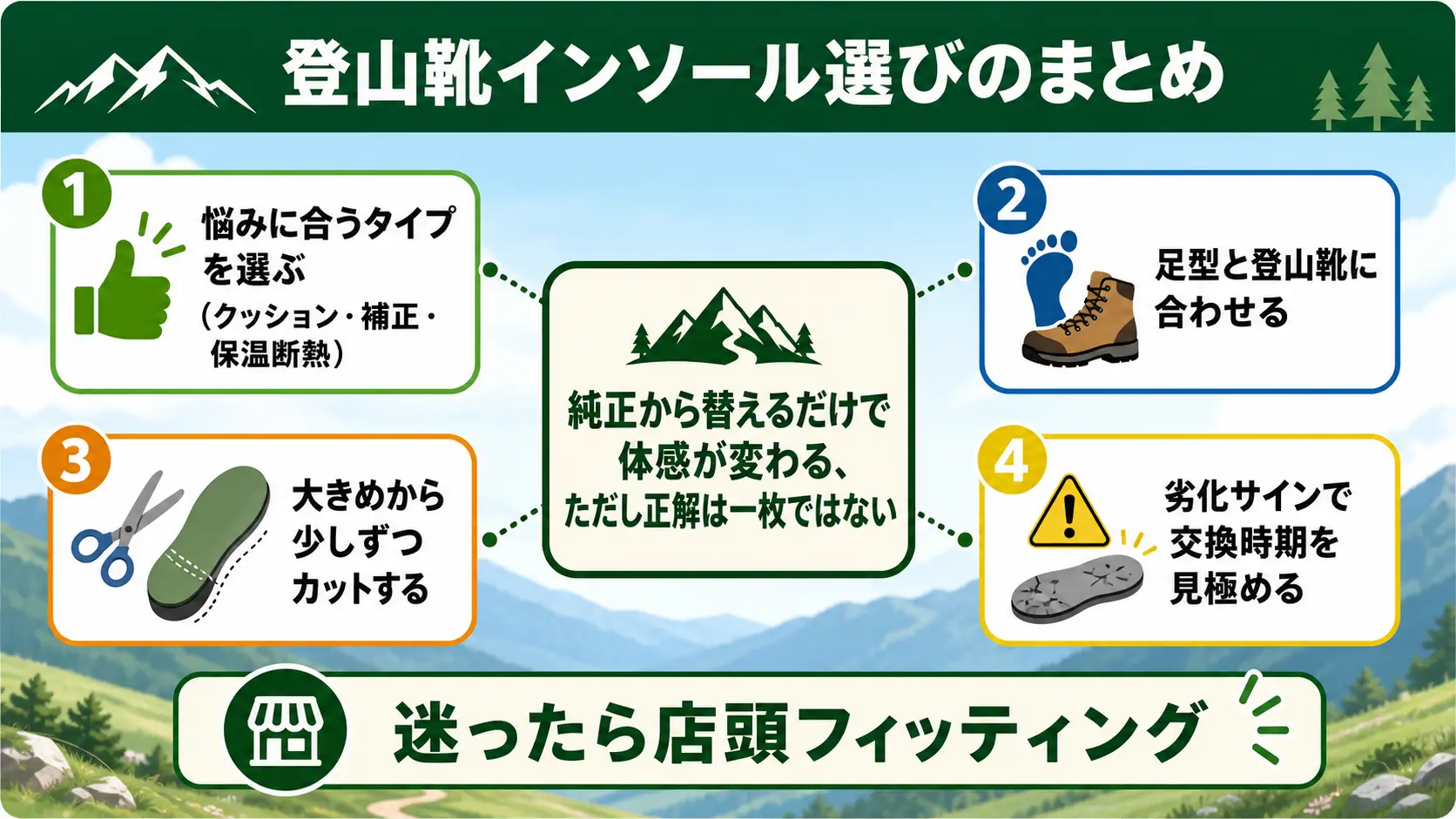 悩みに合うタイプを選び、足型と登山靴に合わせ、少しずつカットし、劣化サインで交換時期を見極めるという登山靴インソール選びの結論を1枚にまとめた図