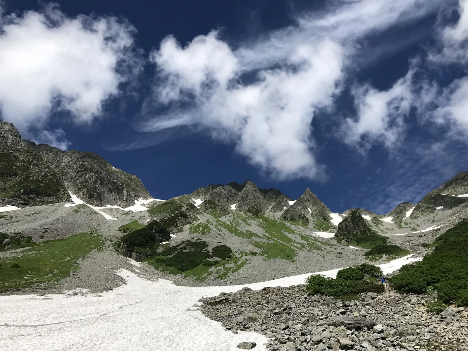 青空の下に広がる涸沢カールの全景。穂高の岩峰群と斜面に残る雪渓が見える