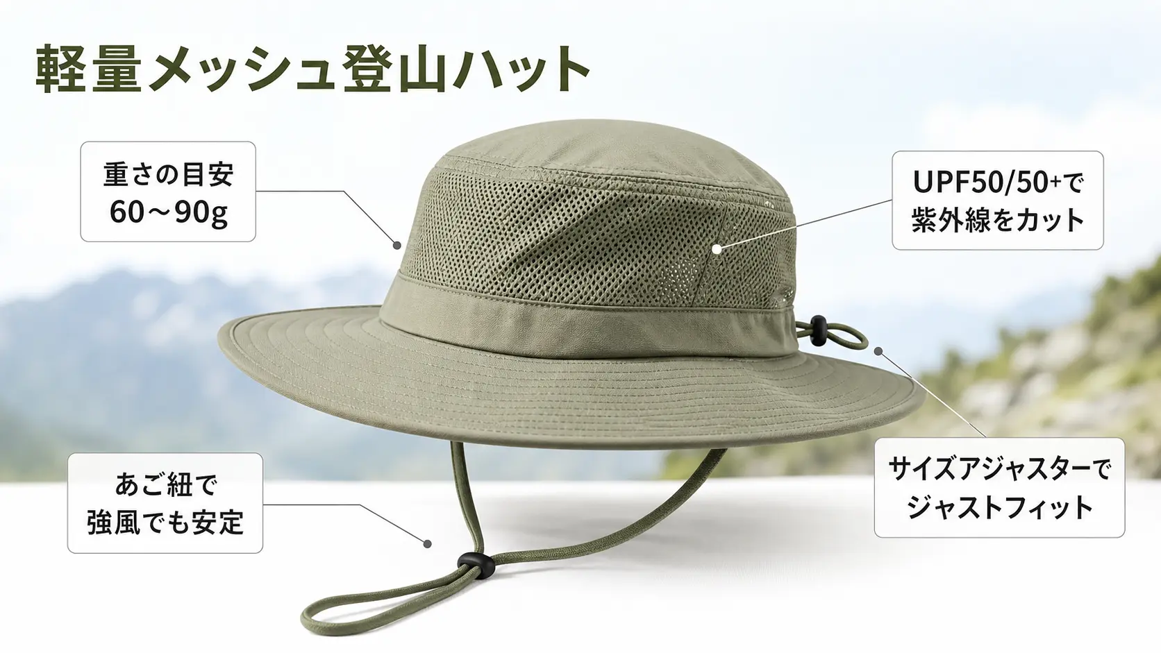 軽量な登山用ハットの重さ・UPF・あご紐・サイズ調整といった特徴を注釈で示した図