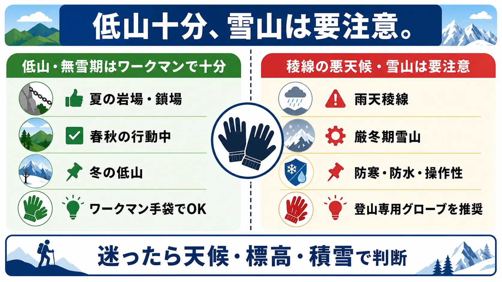 低山・無雪期はワークマン手袋で十分、稜線の悪天候や雪山は登山専用グローブが安心という使い分けを比較した図