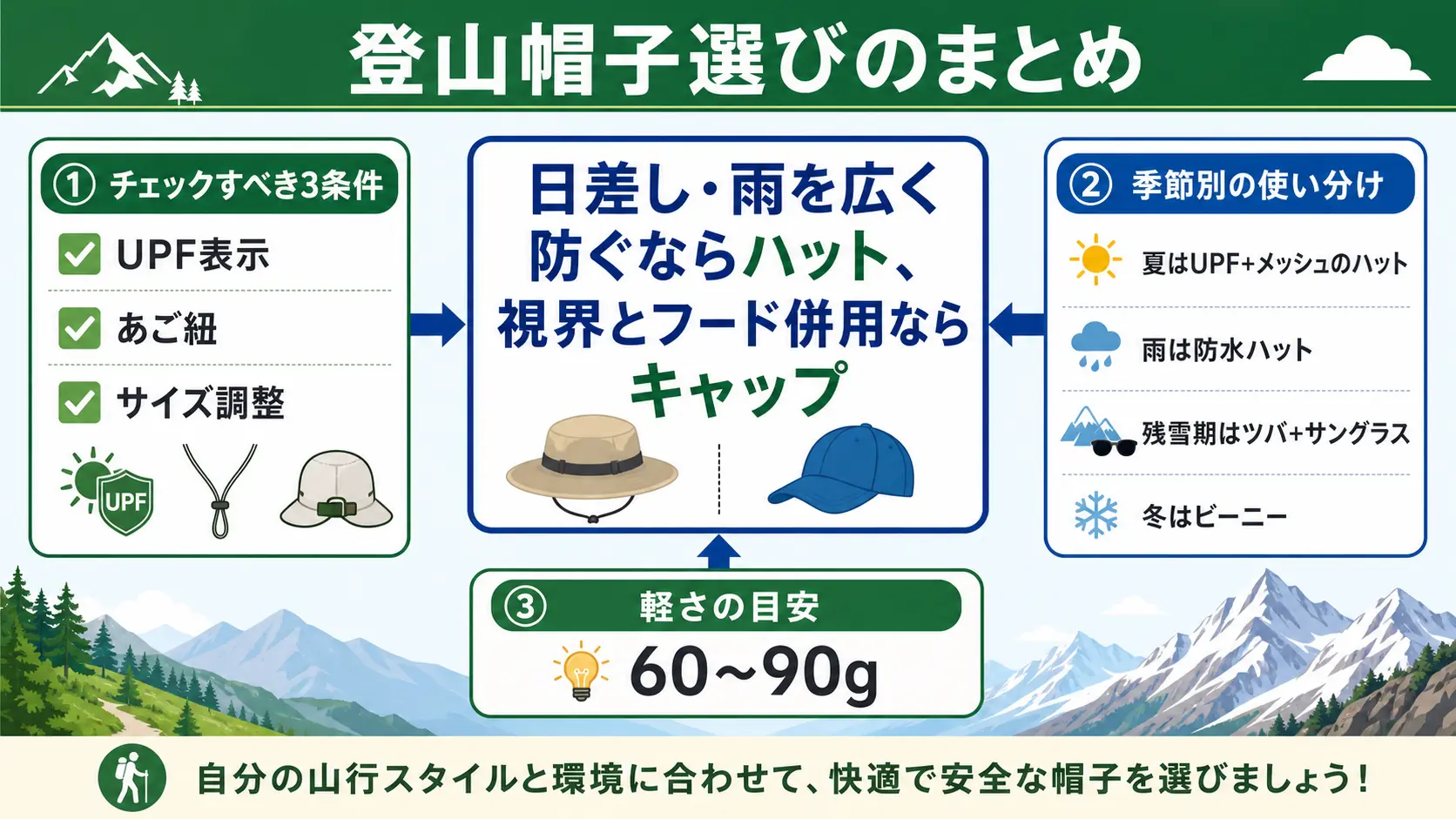 登山帽子選びのハットかキャップかの判断軸から季節別の使い分けまでを1枚に俯瞰したまとめ図