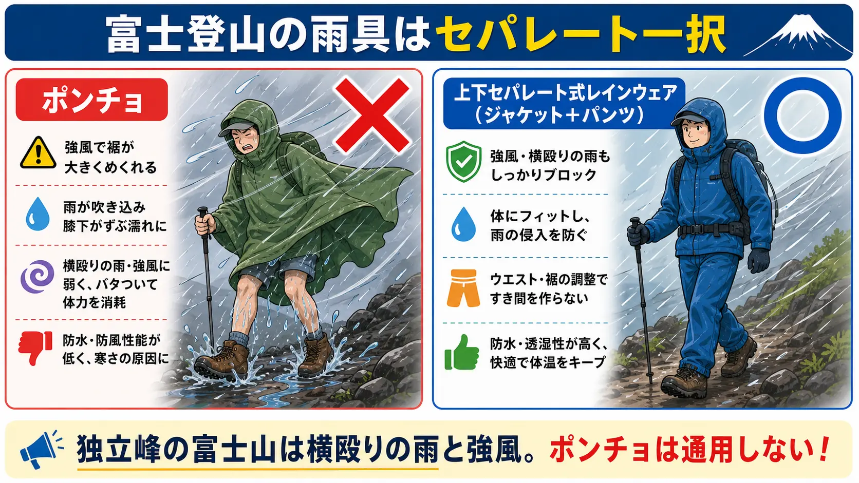 富士登山でのポンチョと上下セパレート式レインウェアを左右で比較し、ポンチョは強風でめくれて濡れるためNG、セパレート式は風雨をしっかり防げて安全であることを示した比較図