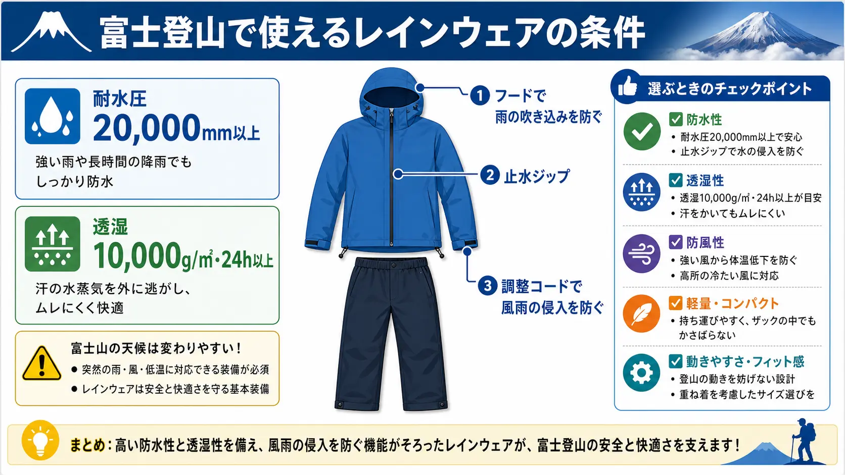 登山用レインウェアの上下セパレート形状を図解し、耐水圧20,000mm以上・透湿10,000g以上の目安や、フード・裾・ウエストの調整、止水ジップといった条件を各部位に注釈で示した図