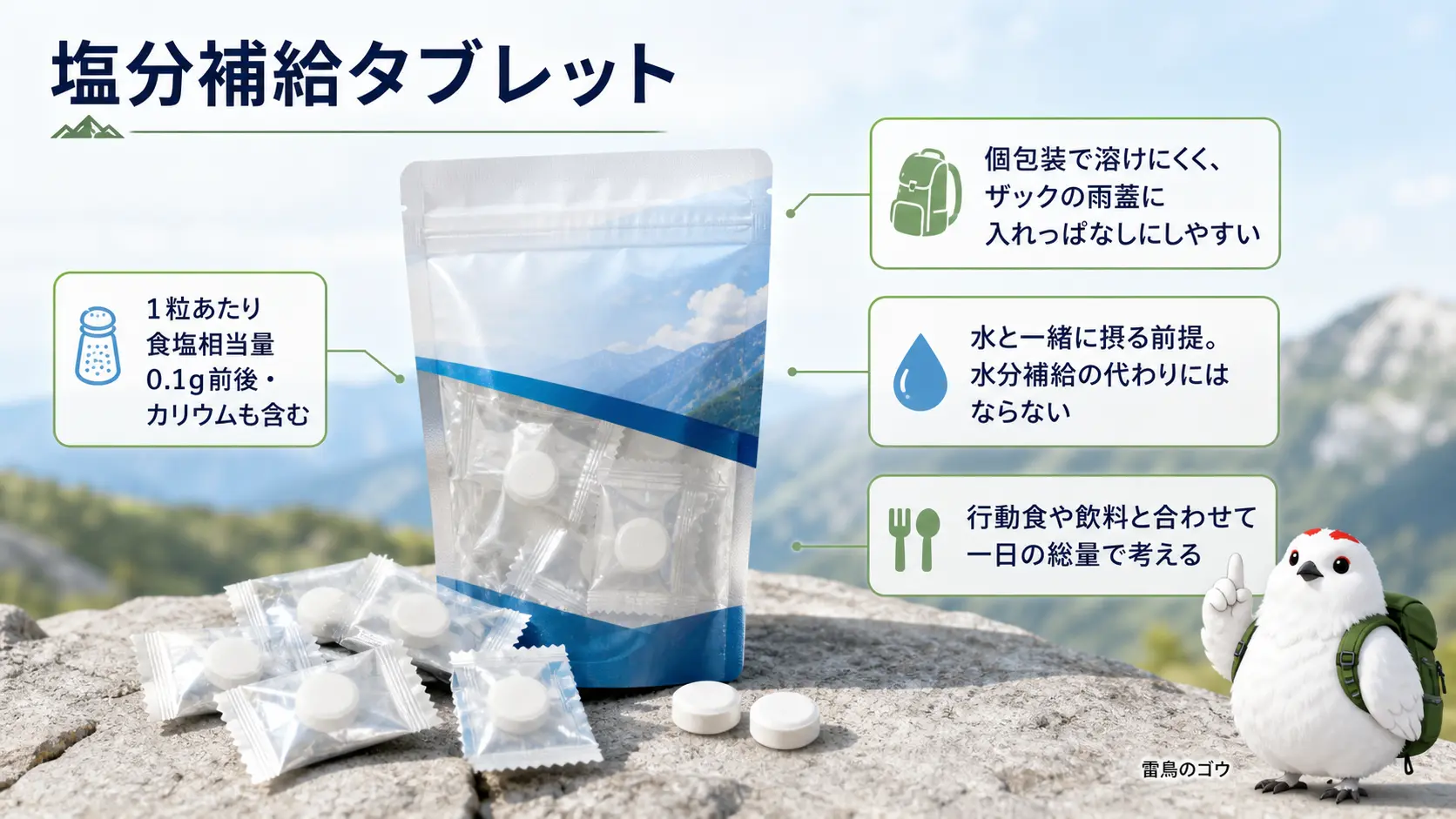 個包装の塩分補給用タブレット菓子を主役に、食塩相当量やカリウム量、ザックに入れっぱなしにできる携行性などの特徴を日本語の注釈ラベルで示した商品説明
