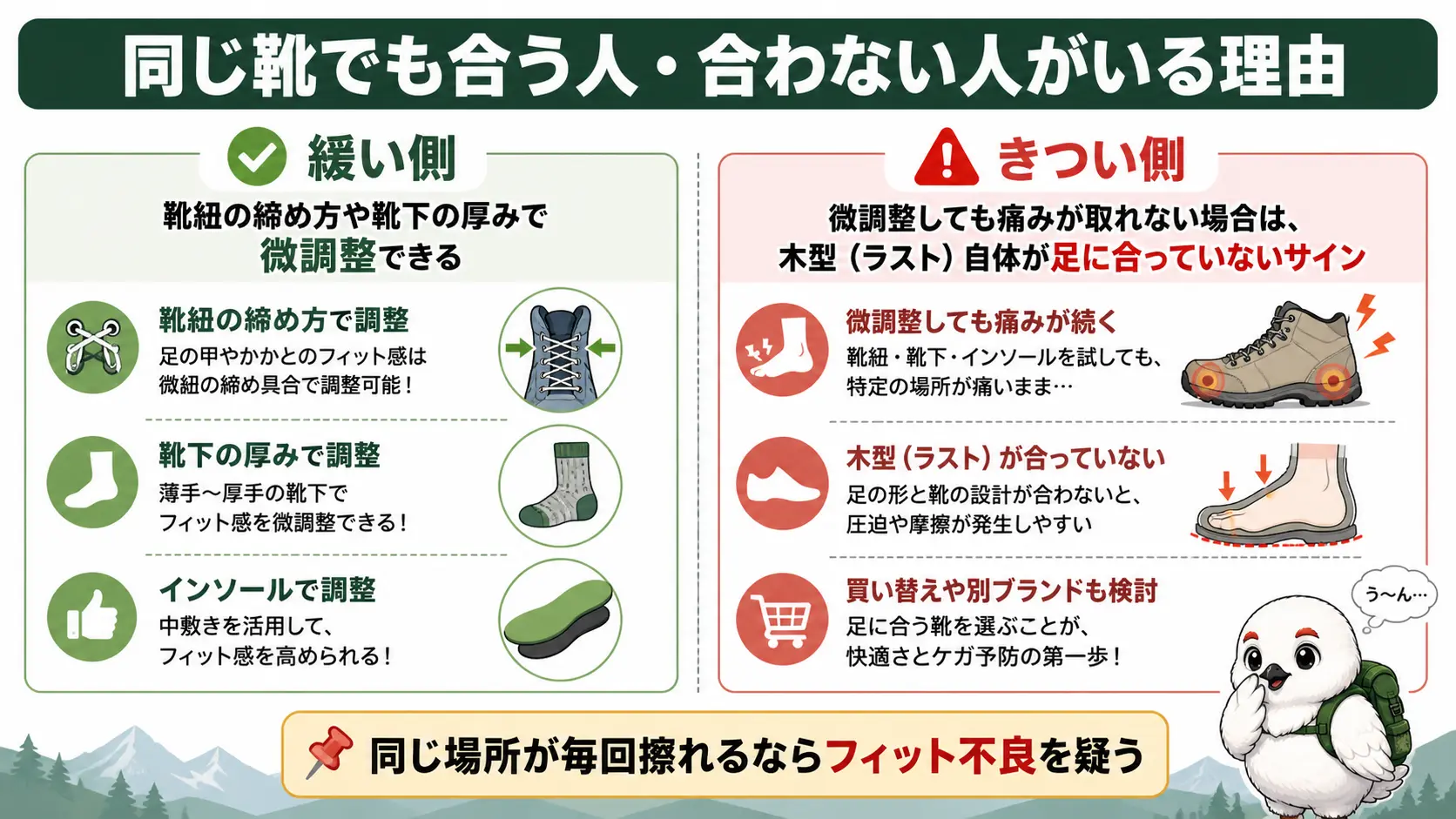 靴のフィット不良で緩い側は靴紐や靴下の厚みで調整できる一方、きつい側は木型が合わず買い替えを検討すべきという違いを左右で対比した図