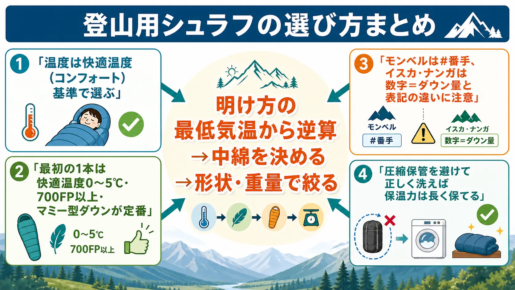 登山用シュラフの選び方について、温度基準・最初の1本の目安・ブランド表記の注意点・保管のコツをまとめた俯瞰図