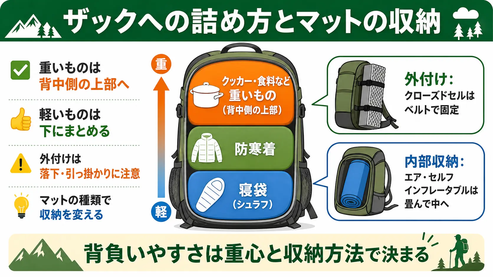 テント泊用ザックの中に寝袋・防寒着・重い道具をどの順で詰めるか、マットは外付けかザック内部かを示したパッキング断面図