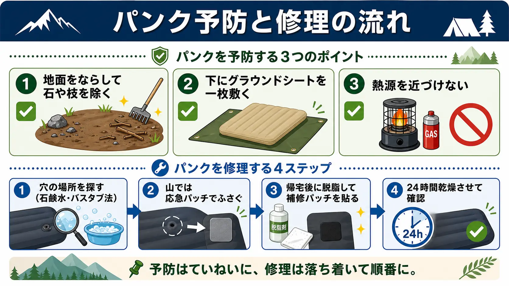 スリーピングマットのパンクを防ぐ3つの予防ポイントと、穴が開いたときの応急処置から帰宅後の本修理までの流れを示した図