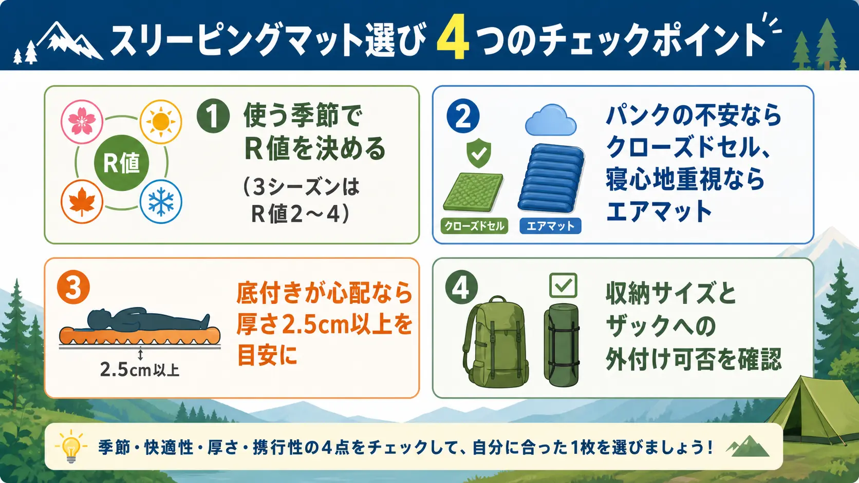 登山用スリーピングマットを選ぶときのR値・パンクの不安・厚み・収納サイズの4つのチェックポイントを1枚にまとめた図