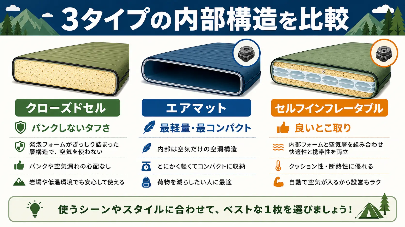 クローズドセル・エアマット・セルフインフレータブルそれぞれの内部構造を断面図で並べて比較したイラスト