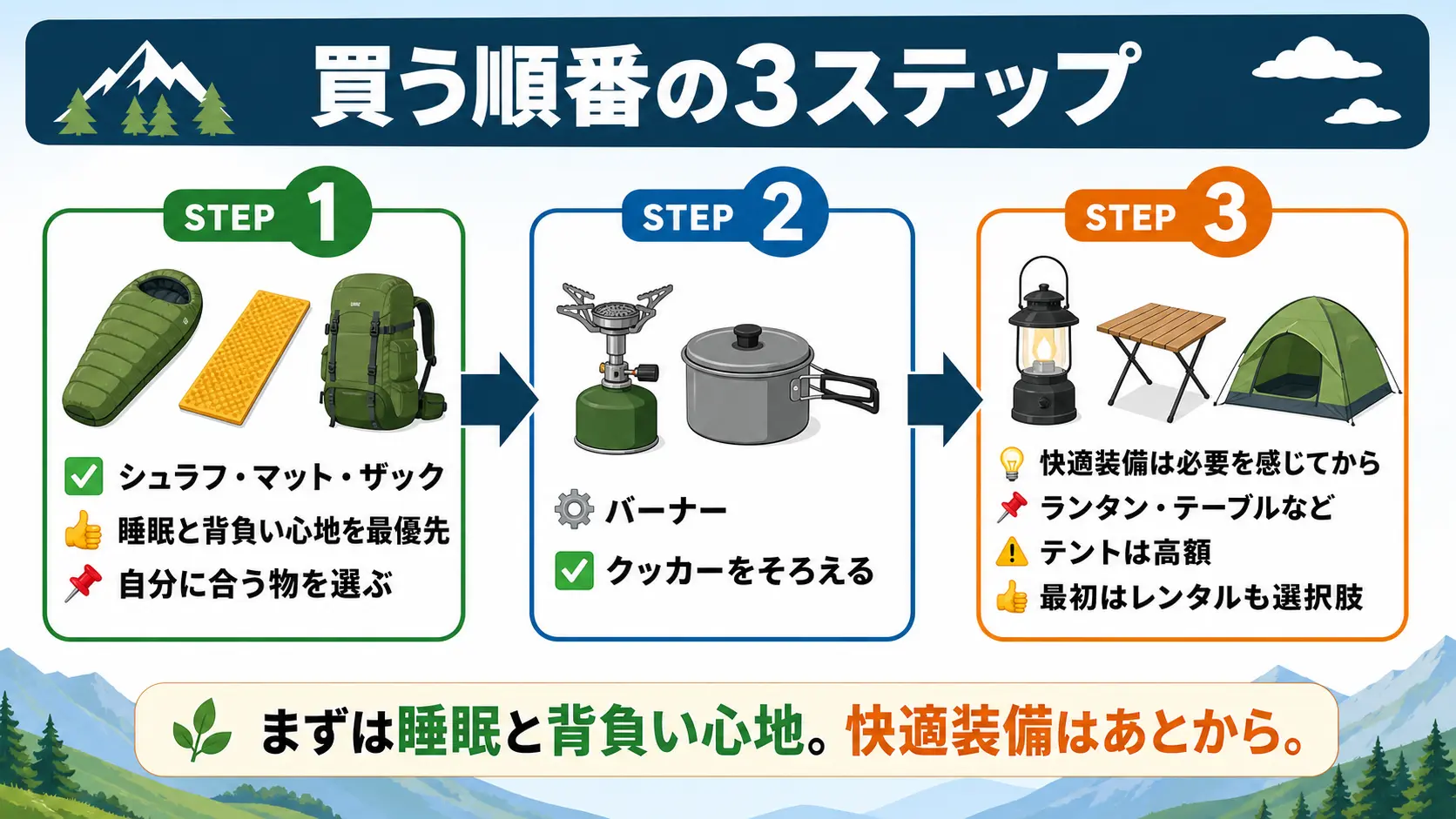 テント泊装備を買う優先順位を、寝具とザックを最優先→バーナーとクッカーを次点→ランタンなどの快適装備は後回し、テントはレンタルで試すという3ステップの流れで示した図
