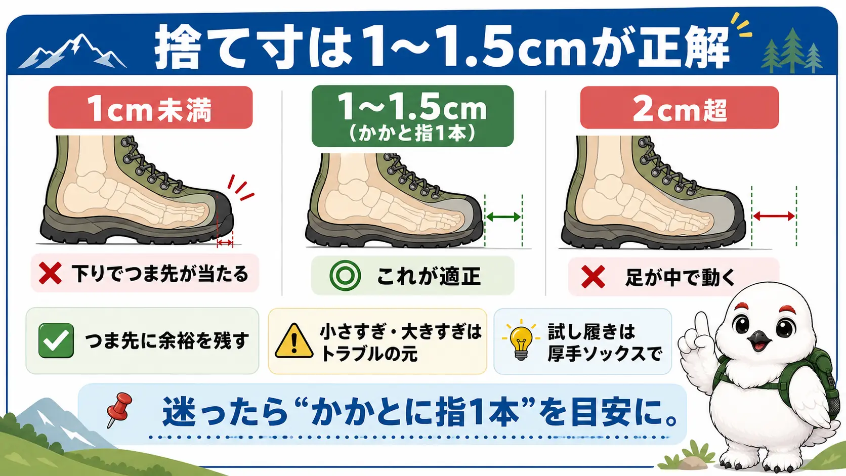 登山靴を横から見た断面図で、つま先と靴先端のあいだの捨て寸が1cm未満だと当たり、1〜1.5cmが適正、2cm超だと大きすぎることを示す図
