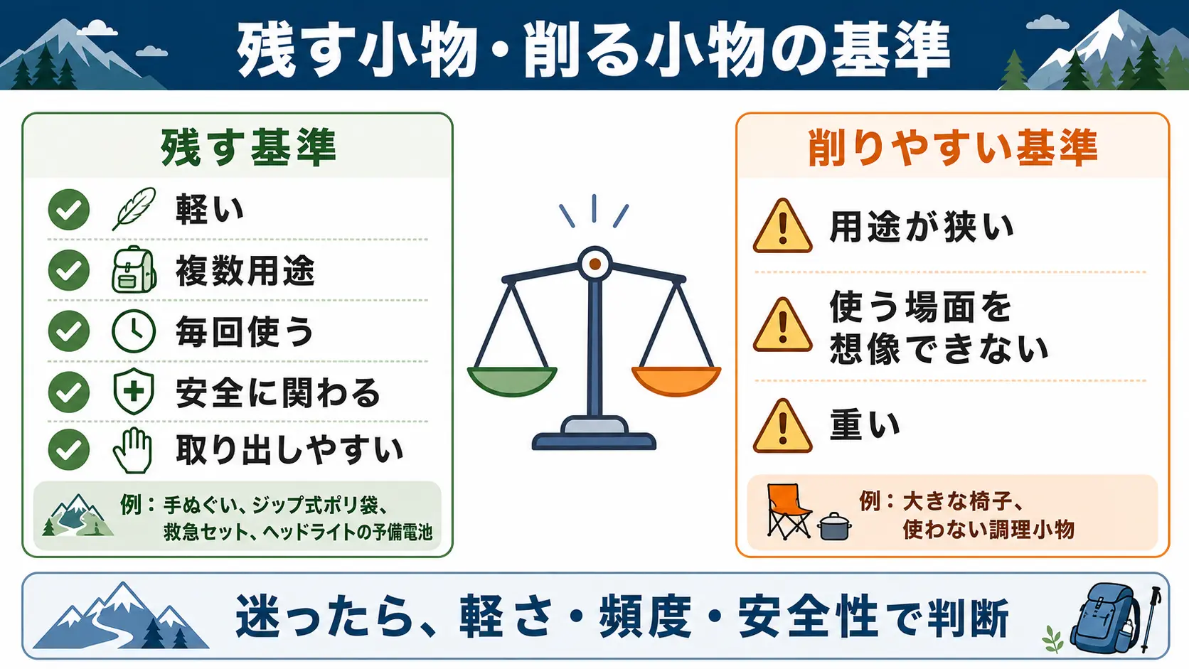 UL登山で小物を残す基準と削る基準を左右に並べたチェックリスト図