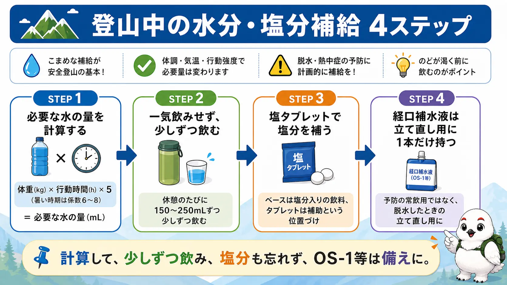 体重と行動時間から水の必要量を計算し、休憩ごとに少しずつ飲み、塩タブレットで塩分を補い、経口補水液は脱水時だけ使うという4段階の補給の流れを示した図