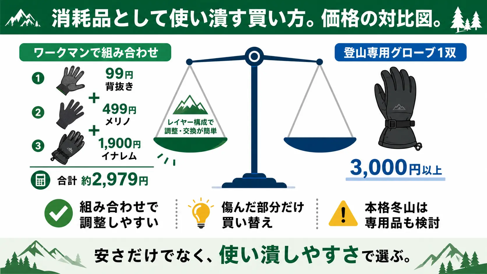 ワークマン手袋の組み合わせ購入と登山専用グローブ1双の価格を比較した図