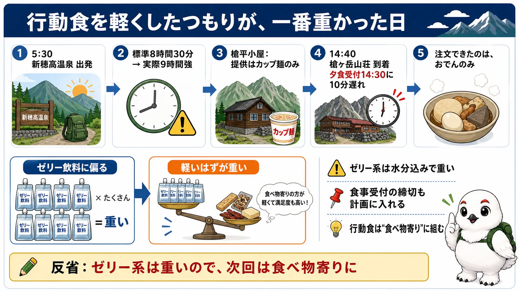 新穂高温泉から槍ヶ岳へ向かった日、ゼリー飲料中心の行動食で予定より時間がかかり山小屋の夕食受付に間に合わなかった経緯を時系列で示した内容