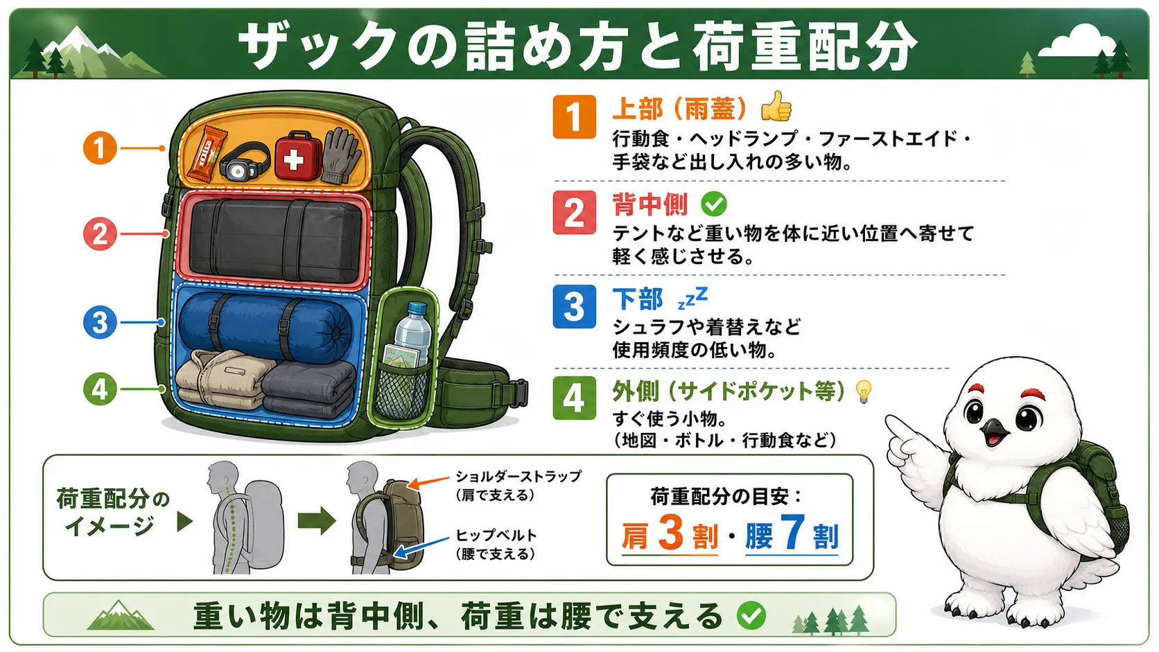 ザックの内部を下部・背中側・外側・上部の4つのゾーンに分けて詰め方を示し、荷重は肩3割・腰7割で支えることを図解したパッキング断面図