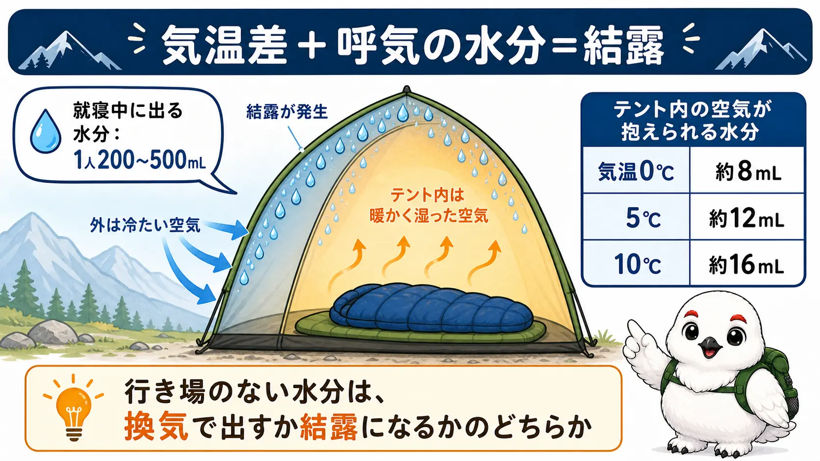 テント内外の温度差と就寝中に出る呼気・汗の水分量が、テント内の空気が抱えられる水分量の数十倍にもなることを示した結露発生のしくみ図