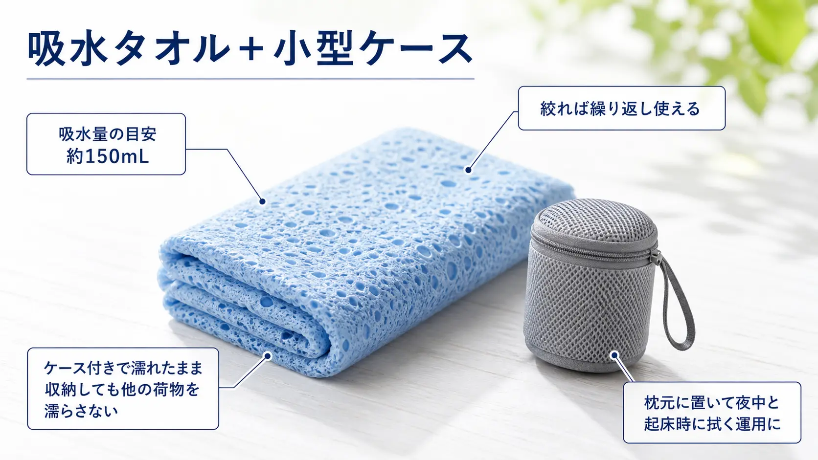 スポンジ状で吸水量が大きい結露拭き取り用タオルの実物と、吸水量の目安・絞れば繰り返し使える・ケース付きで他の荷物を濡らさないといった特徴の注釈