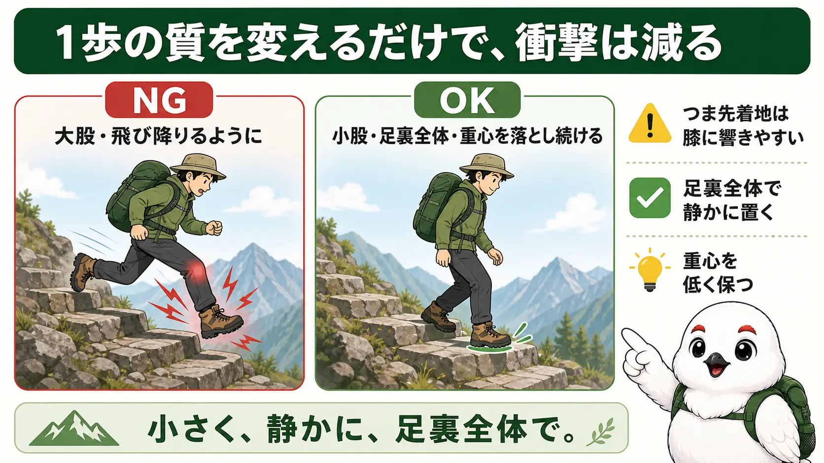 膝に負担をかける下り方と負担を減らす下り方の姿勢を並べて比較したイラスト
