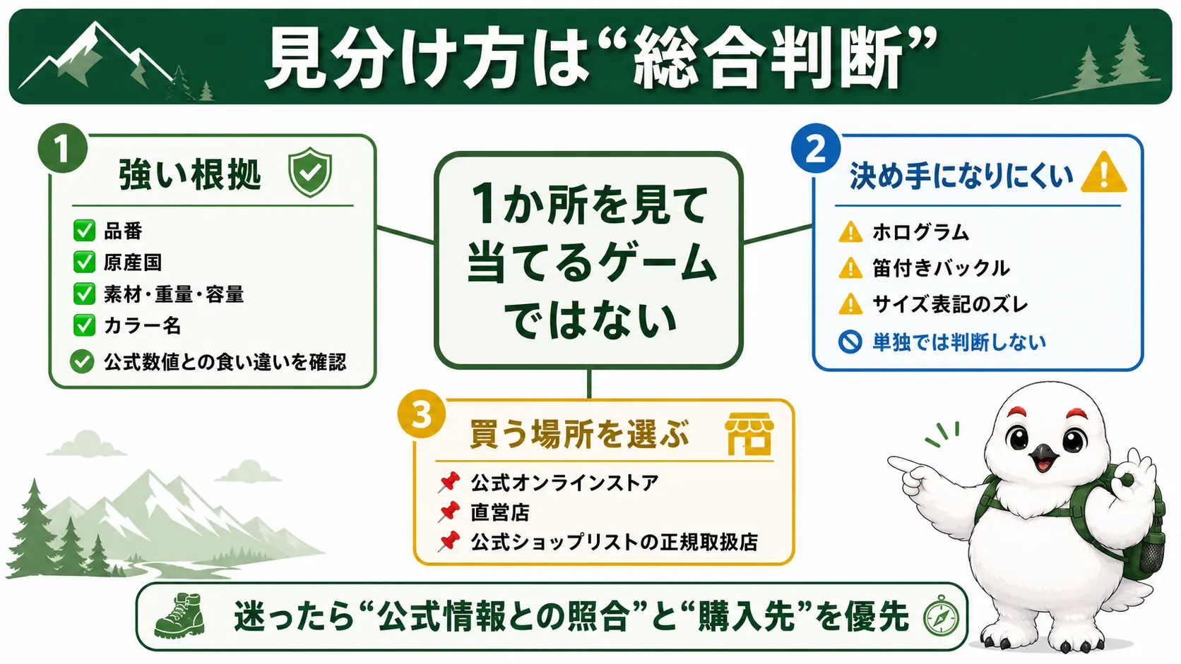 ノースフェイスの偽物対策の要点を1枚にまとめた図。公式の数値との食い違いを複数ポイントで掛け合わせて判定すること、決め手にならないポイントがあること、安全な購入先を選ぶことの3点を俯瞰している