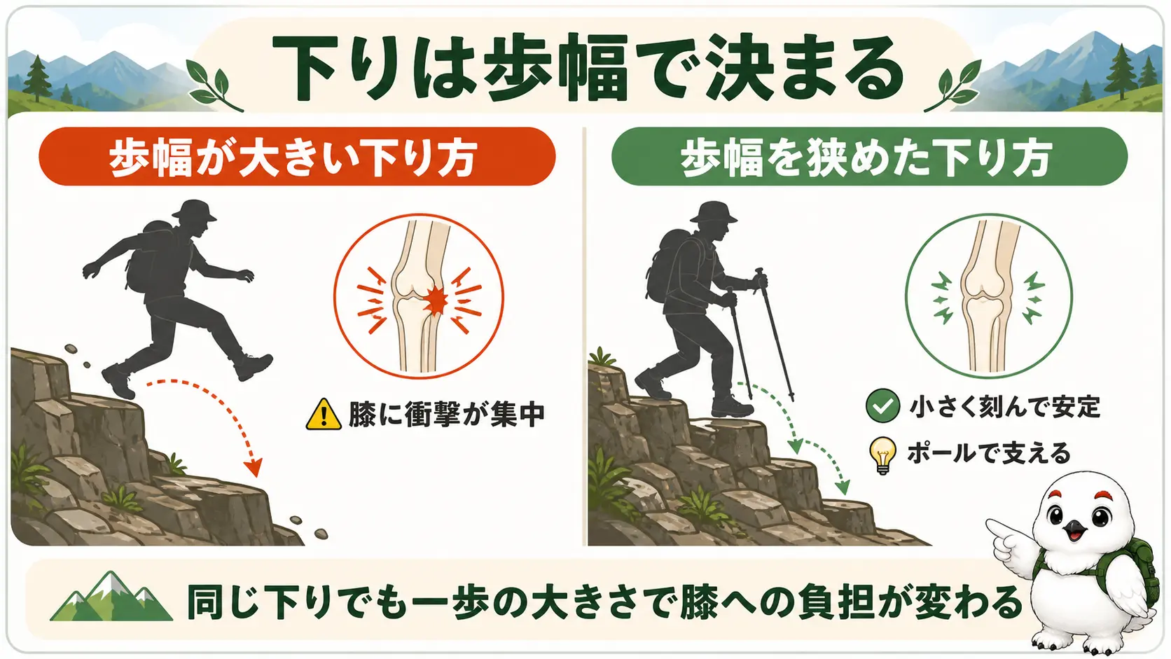 下りで歩幅を広げて飛び降りるように着地する場合と、歩幅を狭めて重心を一定の速度で落とす場合とで膝への衝撃が変わることを対比した図