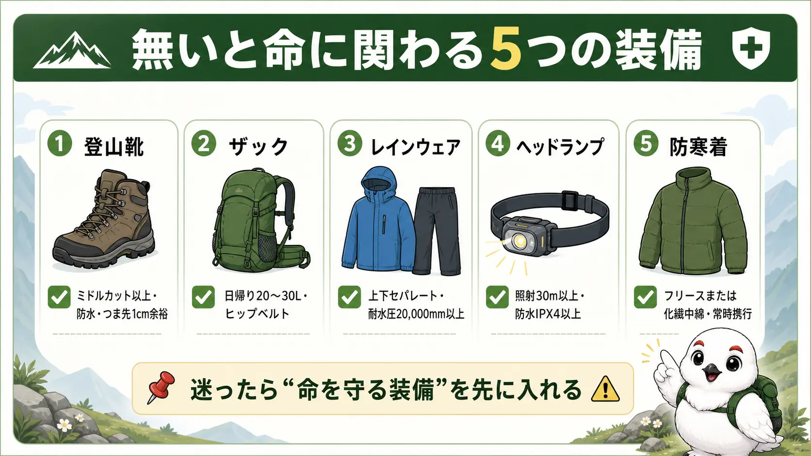 登山初心者が最初にそろえる第1層の5つの装備、登山靴・ザック・レインウェア・ヘッドランプ・防寒着を、それぞれの最低要件とともに一覧にした図