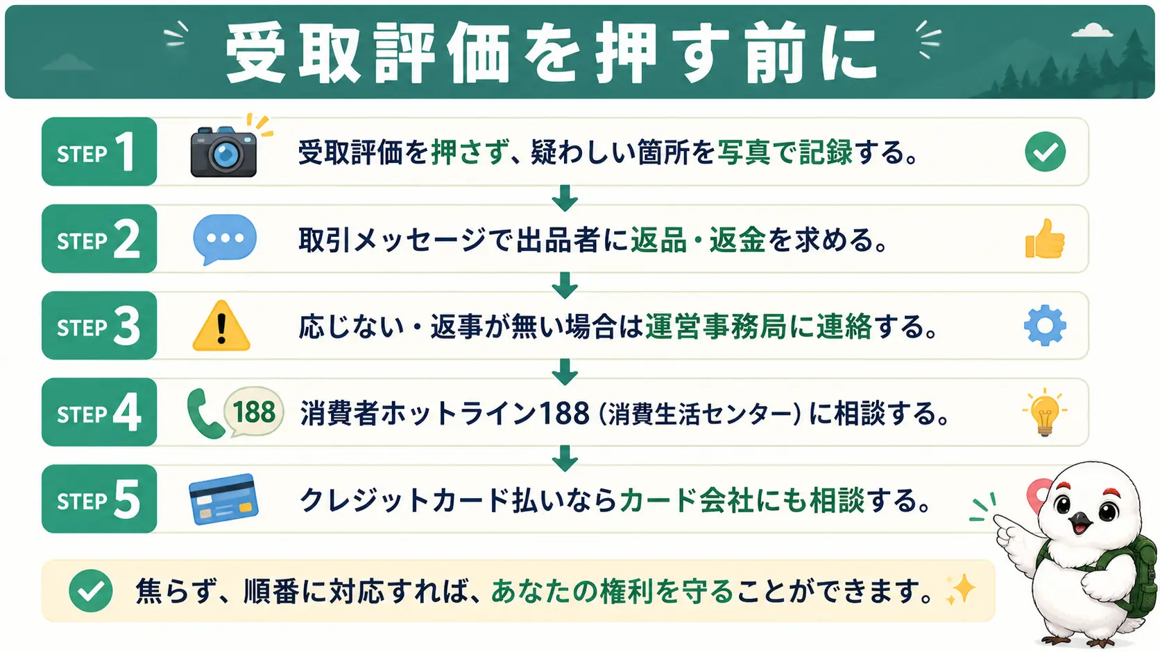 偽物が届いた際に受取評価を押さず出品者・運営・消費者ホットライン188の順に対応するフロー図