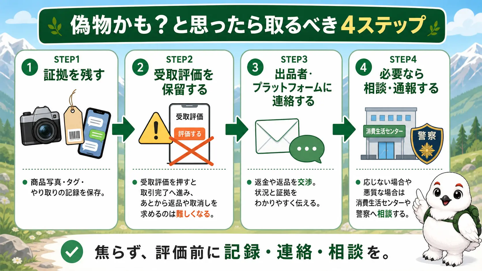 偽物のノースフェイス製品を買ってしまった場合の対処手順を示すフロー図。証拠を残す、受取評価を保留する、出品者やプラットフォームに連絡する、必要なら相談・通報するという4つのステップを表している
