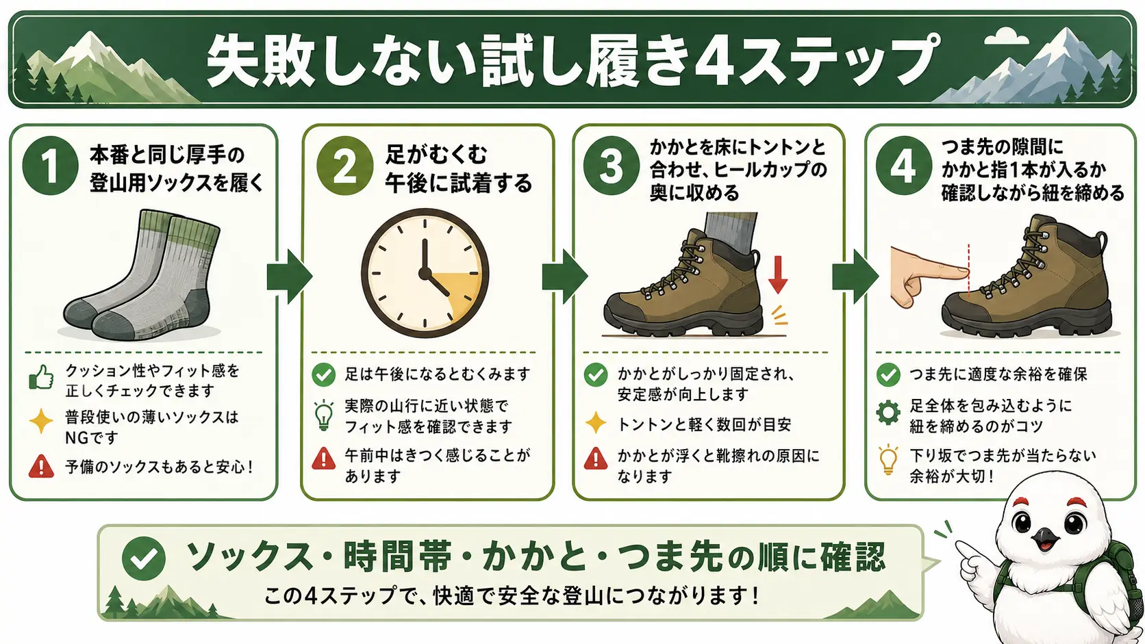 登山靴の試し履きの正しい手順を4つのステップで示した図。厚手の靴下を履く、午後に試す、かかとをトントンして合わせる、つま先の余裕を指で確認する流れ