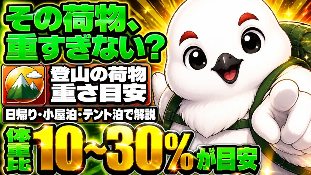登山の荷物の重さ目安を日帰り・小屋泊・テント泊のスタイル別に、体重比10〜30%の基準とあわせて示すイラスト