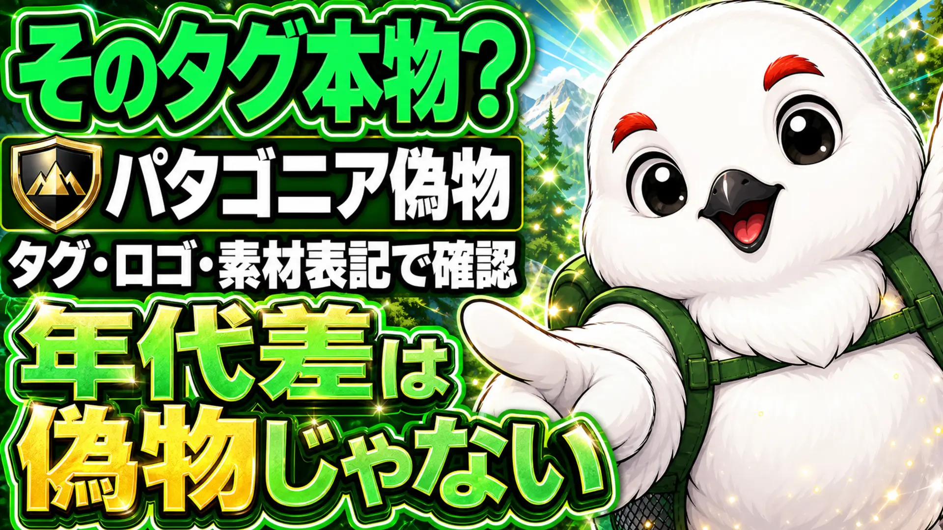 パタゴニアが本物か偽物かをタグ・ロゴ・素材表記で確認する方法を示すイラスト