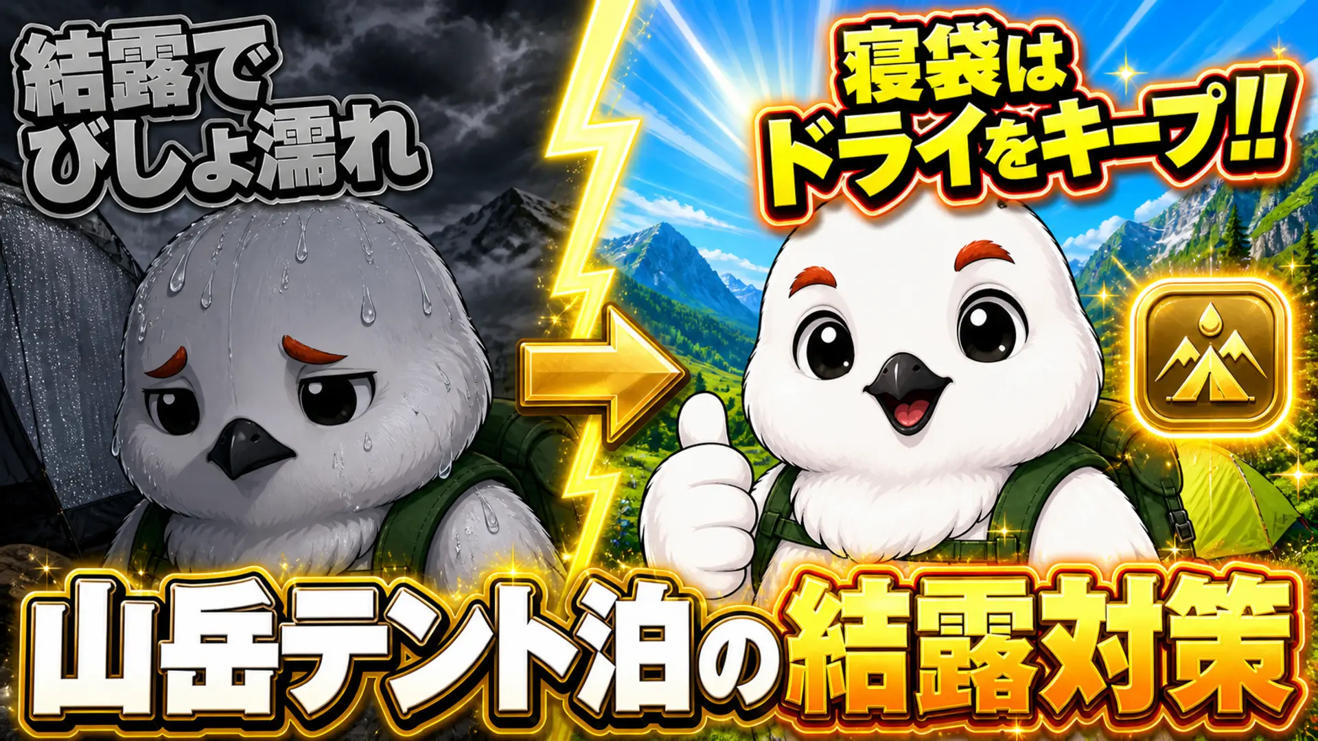 登山テントの結露対策のビフォーアフター、濡れた寝袋とドライな寝袋の比較