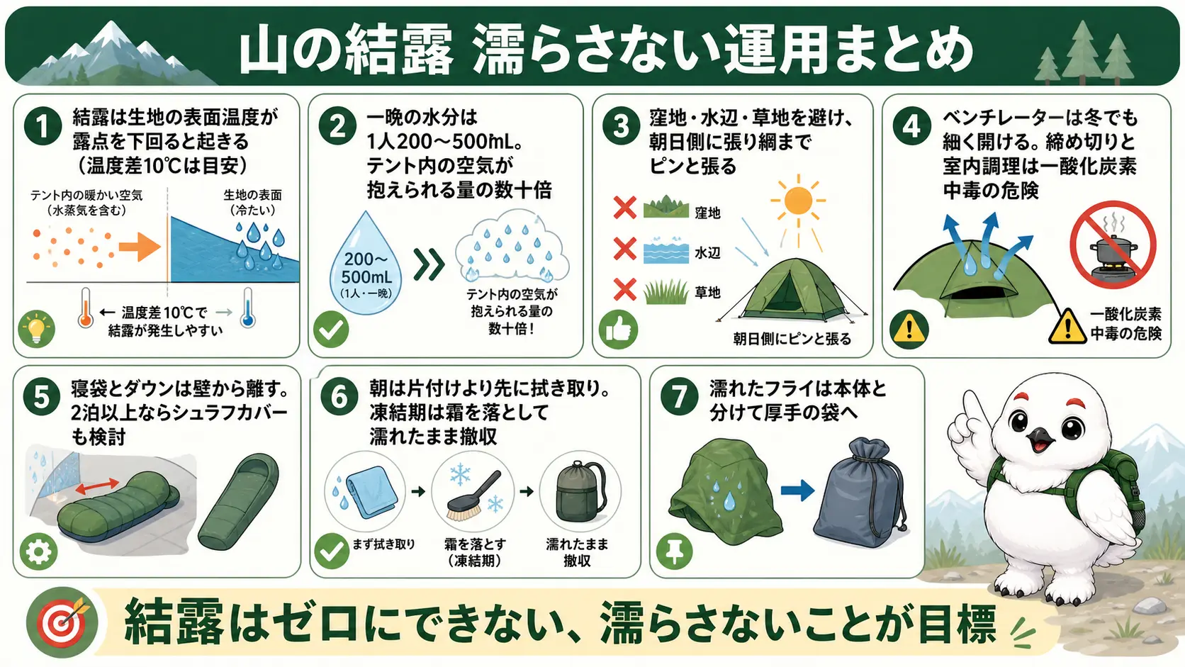 結露は消せない前提で、原因・設営時の対策・換気・寝袋の配置・撤収時の手順という記事全体の要点を1枚にまとめた俯瞰図